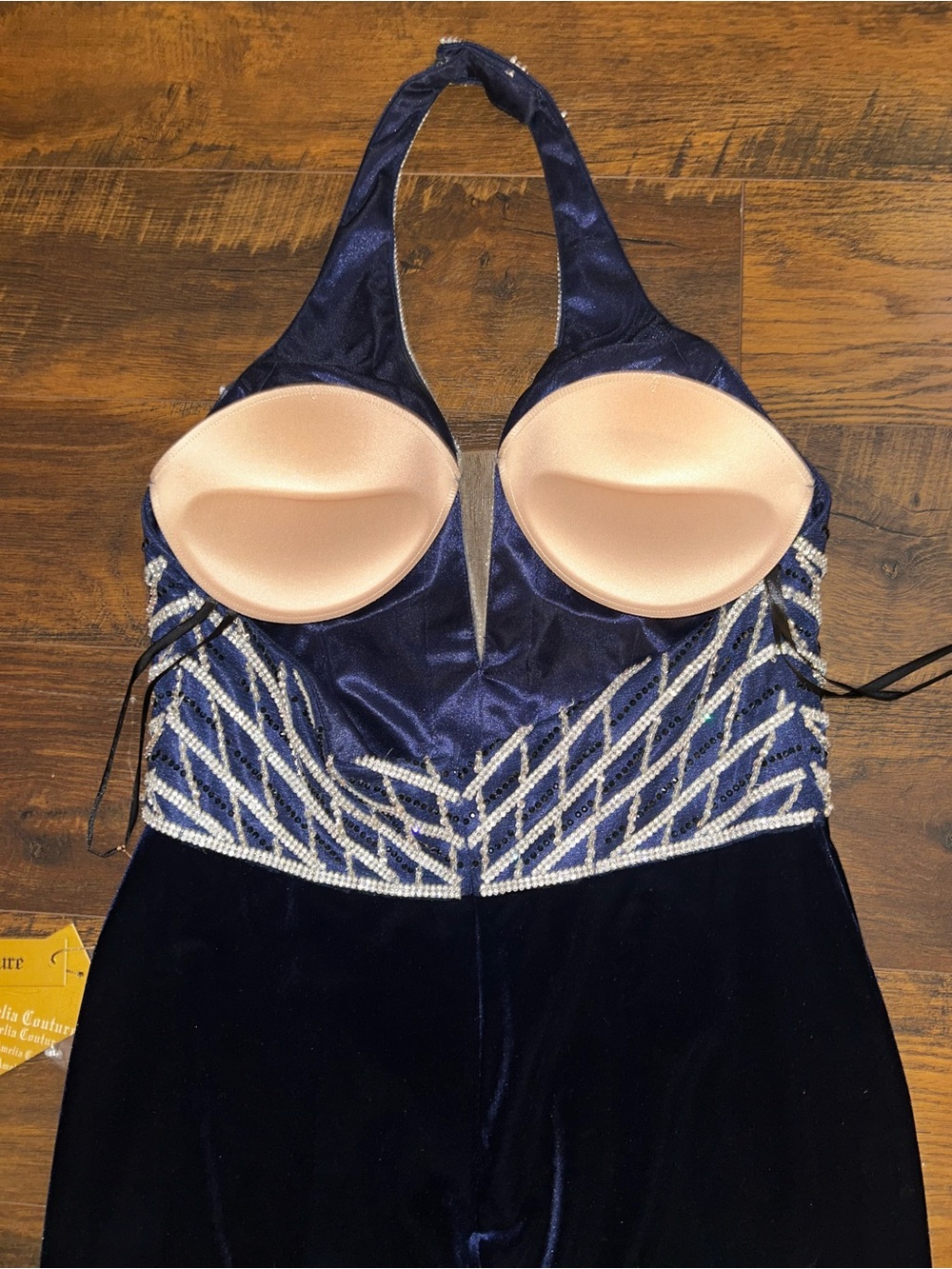 Amelia Couture Navy Velvet Halter Formal Dress with Beaded Bodice - Picture 5 of 16